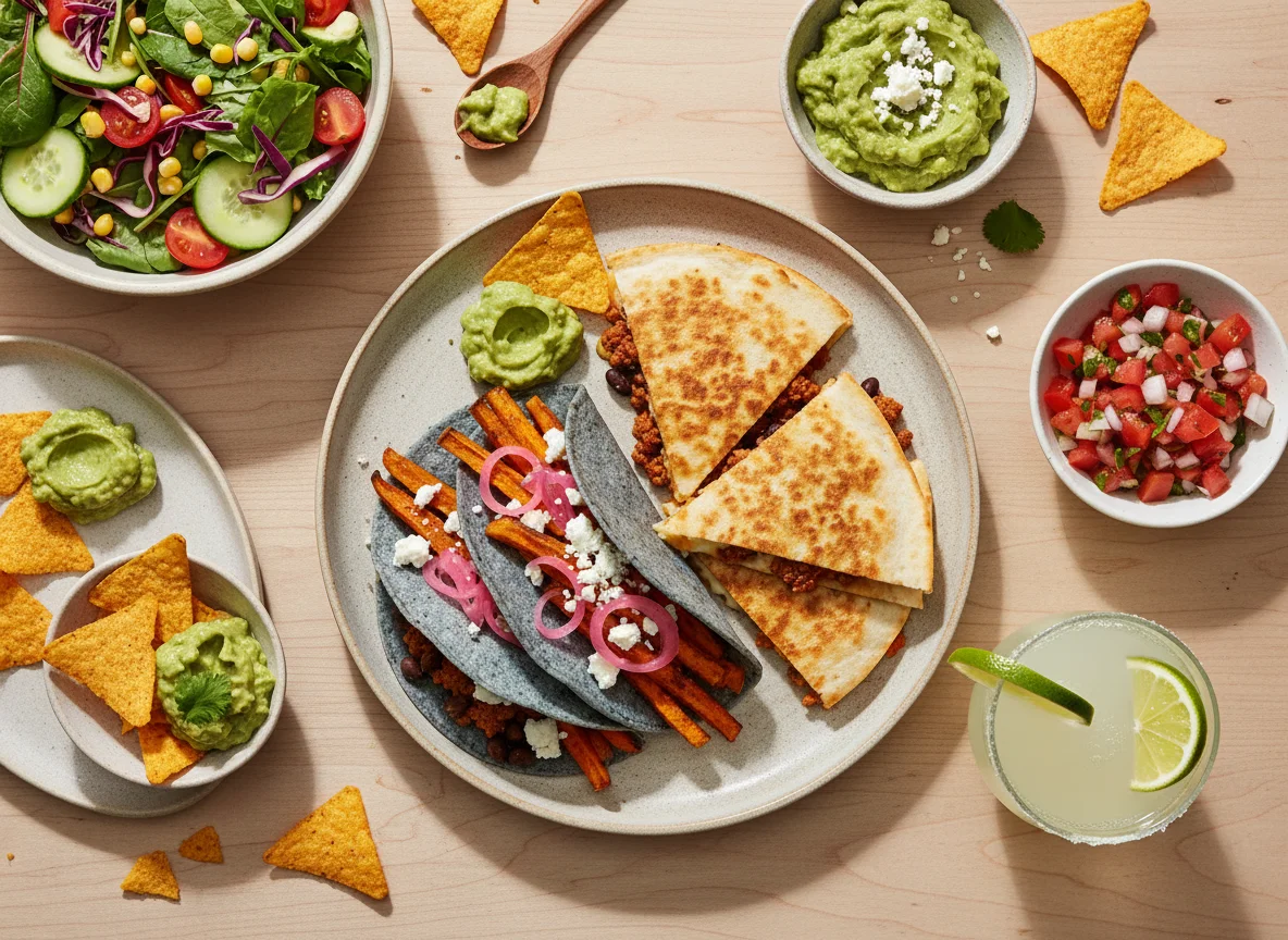 Mexikanische Tacos und Quesadilla mit Beilagen photo