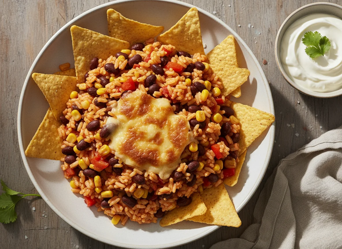 Mexikanischer Reis mit Bohnen und Mais, Tortilla-Chips und Dip photo
