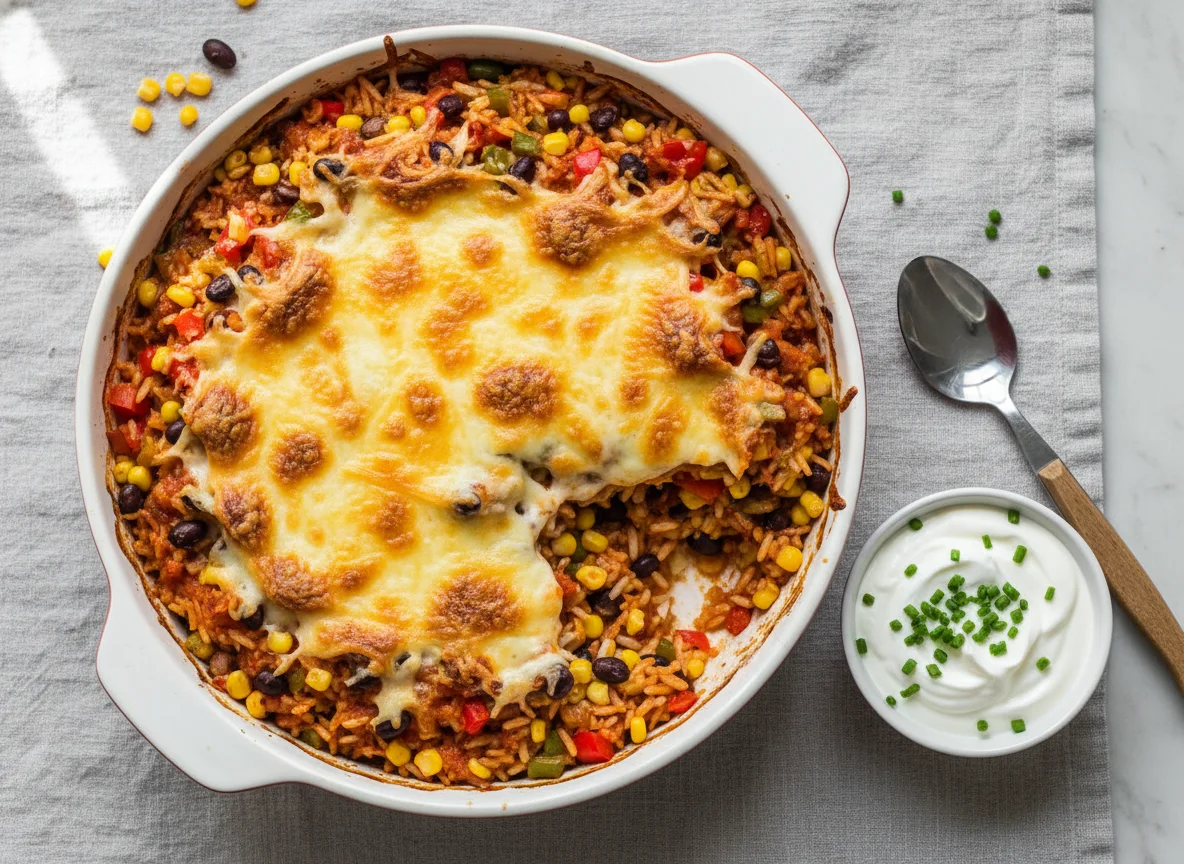 Mexikanischer Reisauflauf mit Käse und Dip photo