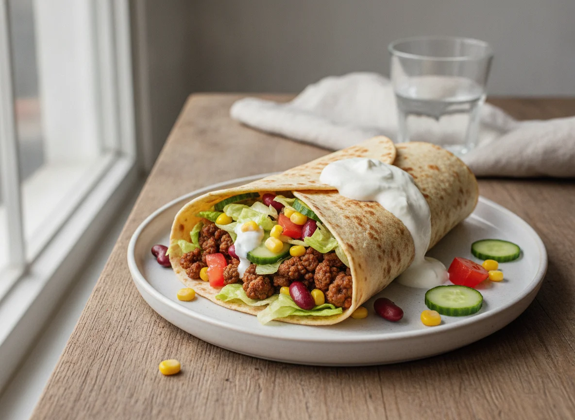 Mexikanischer Tortilla-Wrap mit Hackfleisch und Gemüse photo