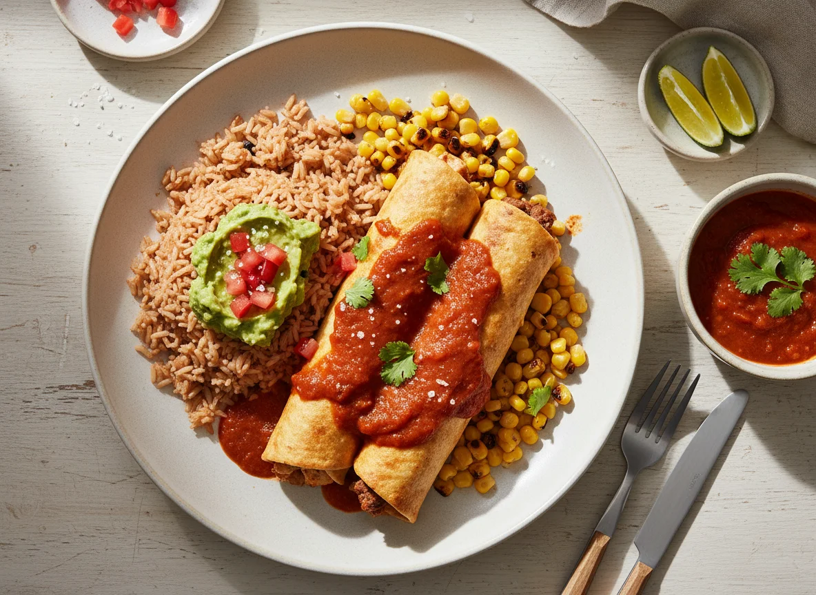 Mexikanisches Gericht mit Reis und Guacamole photo