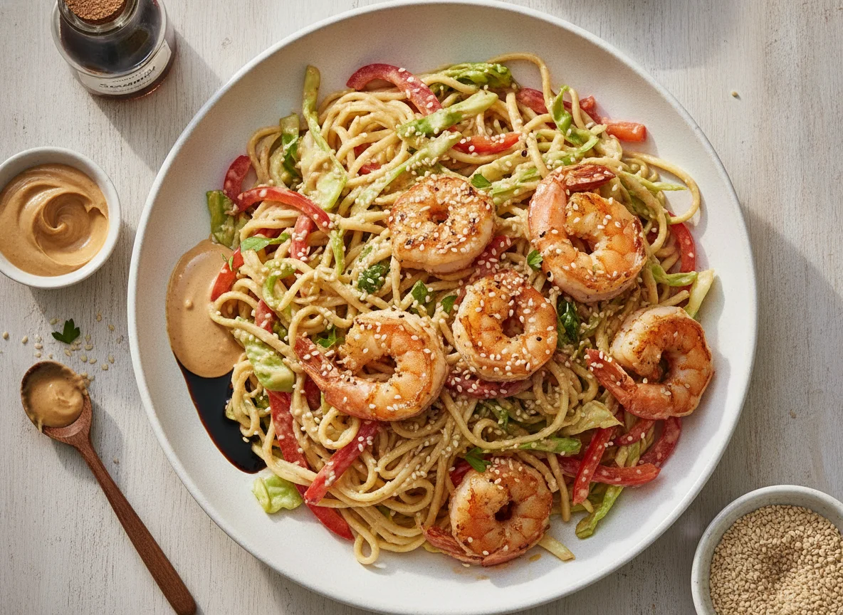 Mie-Nudel-Salat mit Erdnussdressing und Sesamgarnelen photo