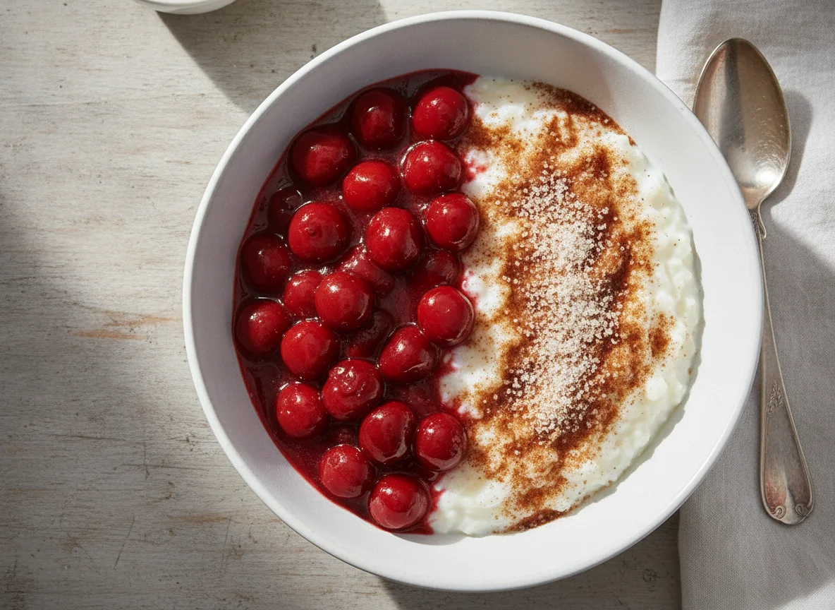 Milchreis mit heißen Kirschen und Zimt-Zucker photo