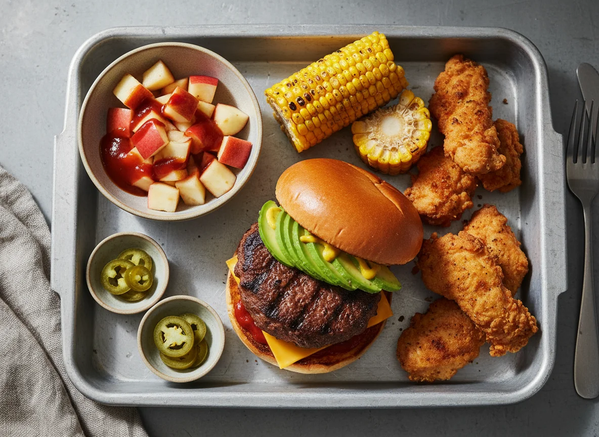 Militär-Mahlzeit mit Burger und Beilagen photo