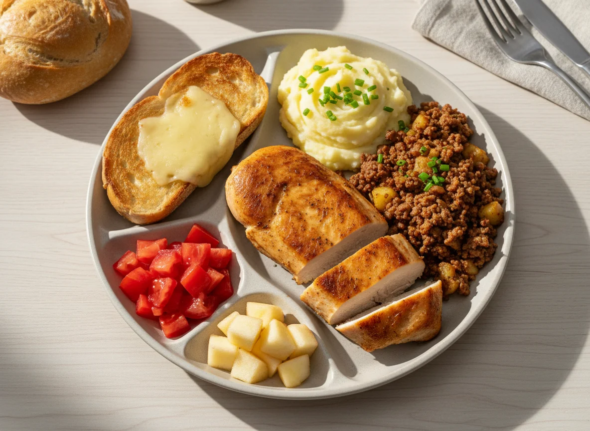 Militärmahlzeit mit Fleisch, Kartoffeln und Beilagen photo