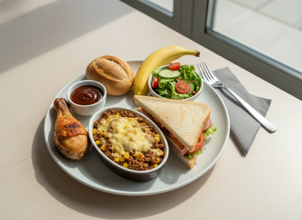 Militärmahlzeit mit Hähnchen, Hackfleischauflauf, Sandwich und Beilagen photo