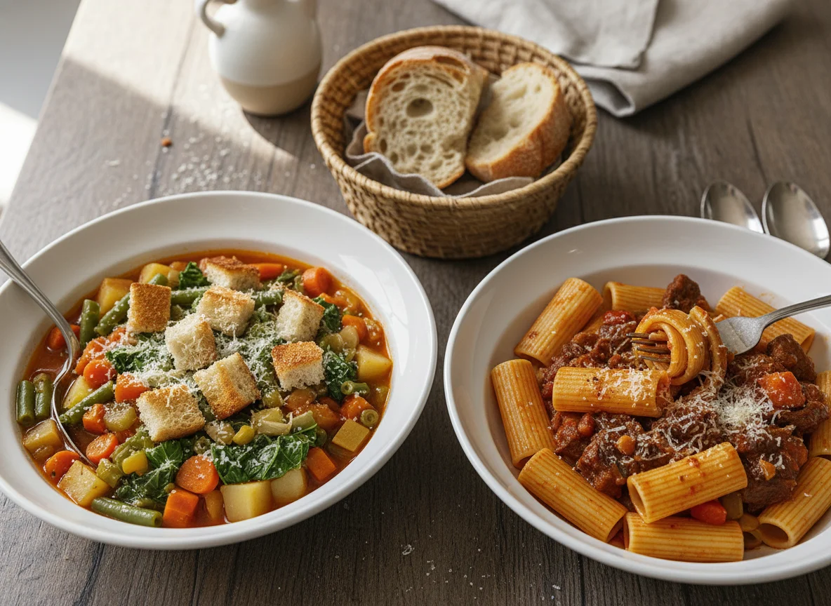 Minestrone mit geröstetem Brot und Rigatoni mit Sauce photo