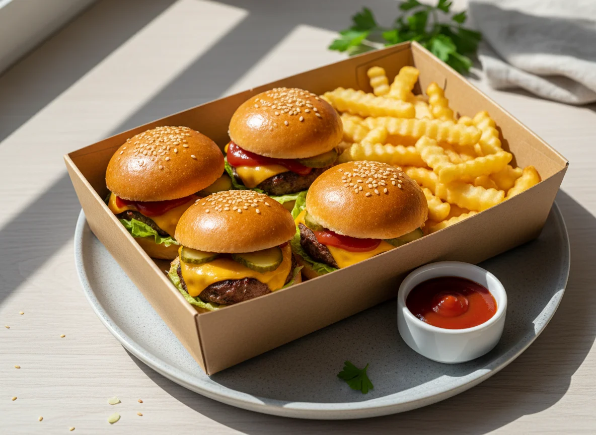 Mini Burger Box mit Pommes photo