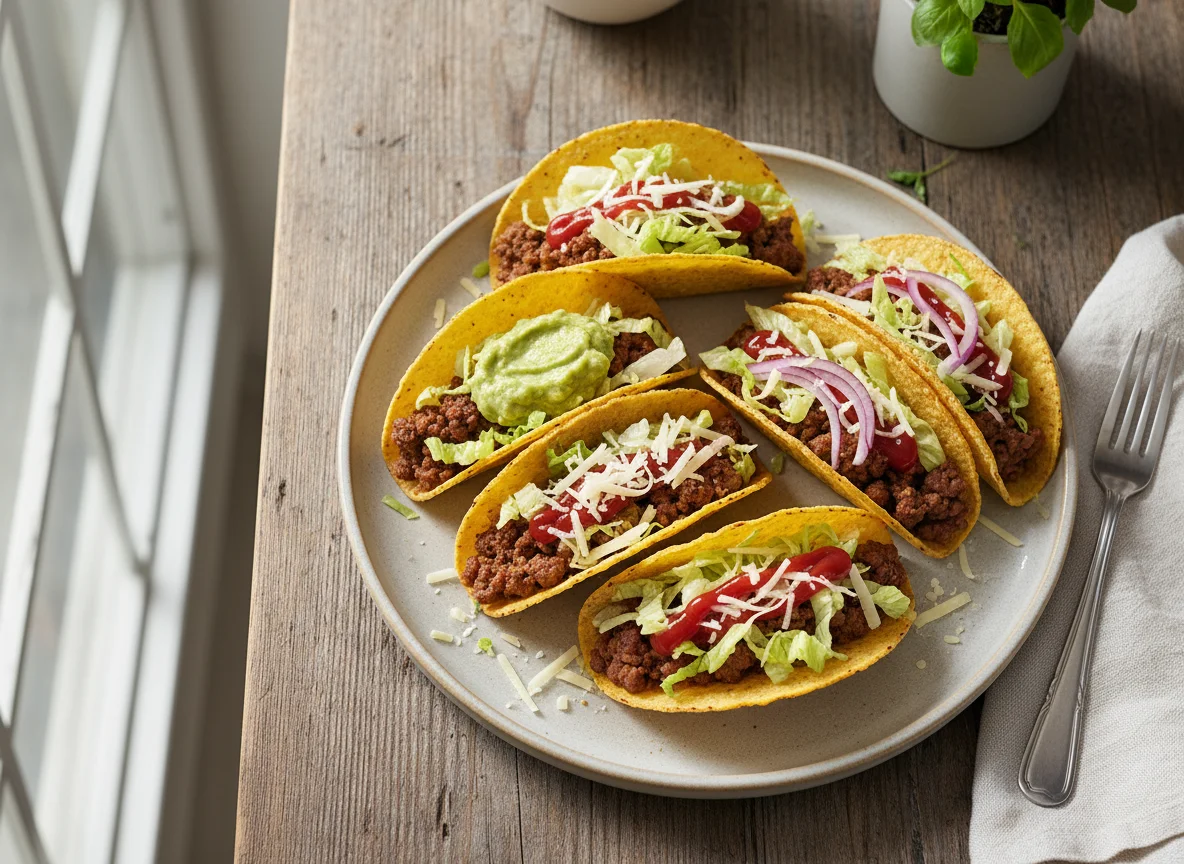 Mini Tacos mit Hackfleisch und verschiedenen Toppings photo