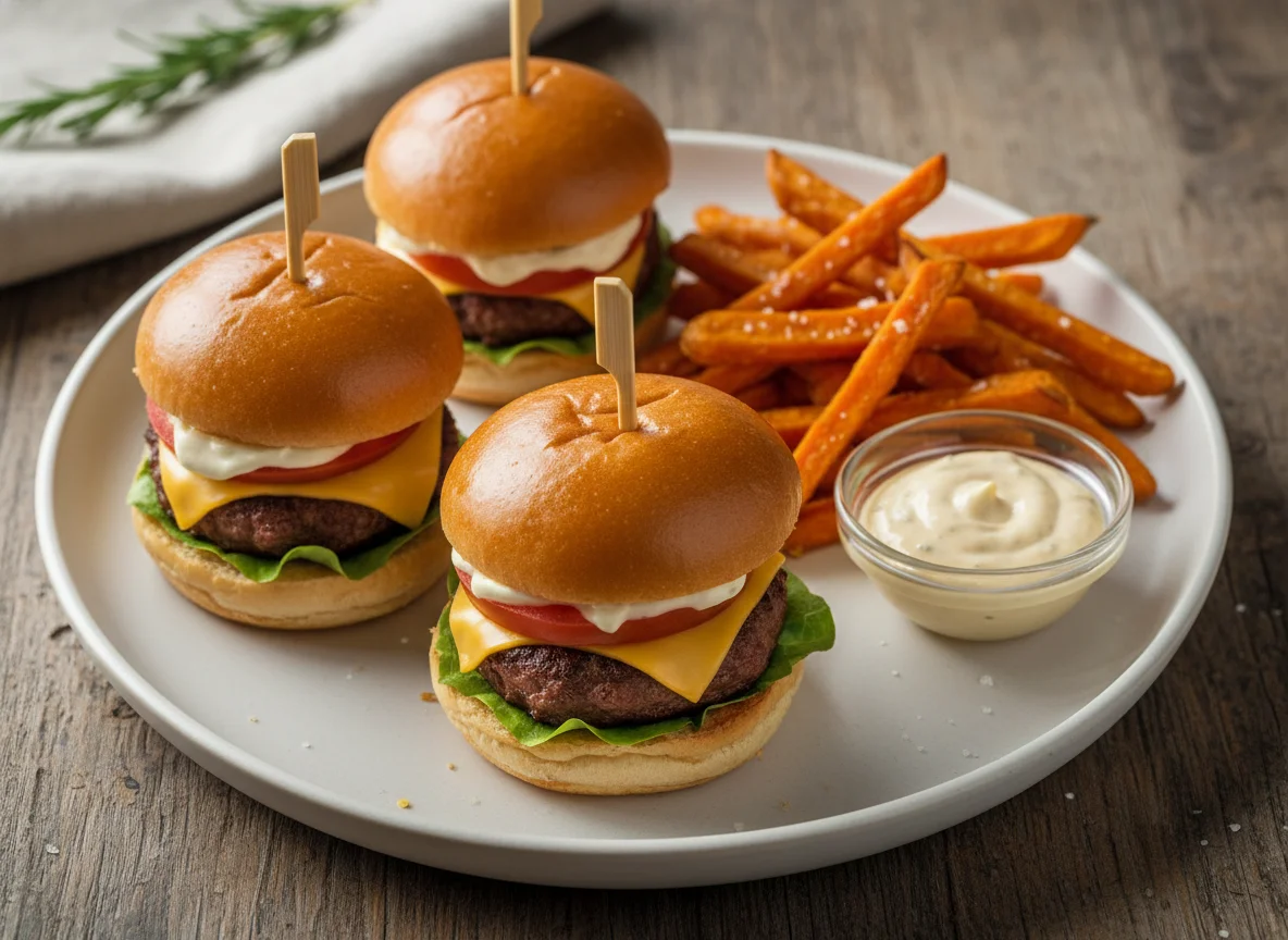 Mini-Burger mit Süßkartoffel-Pommes photo