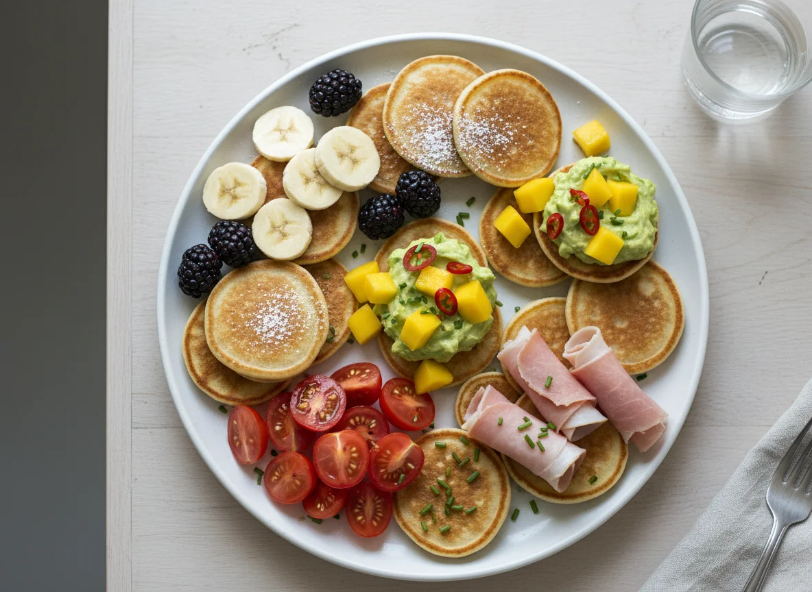 Mini-Pancakes mit verschiedenen Belägen photo
