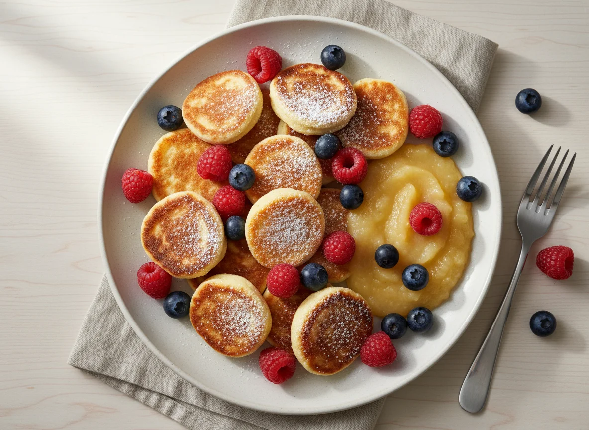 Mini-Pfannkuchen mit Beeren und Apfelmus photo