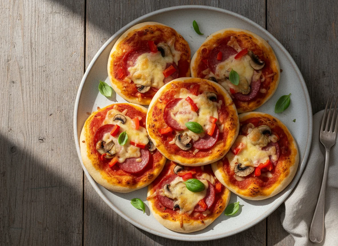 Mini-Pizza mit Salami und Gemüse photo