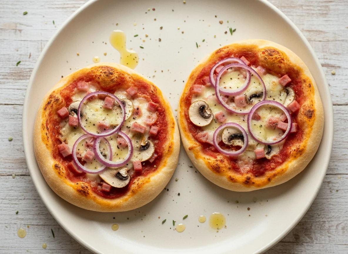 Mini-Pizza mit Schinken, Pilzen und Zwiebeln photo