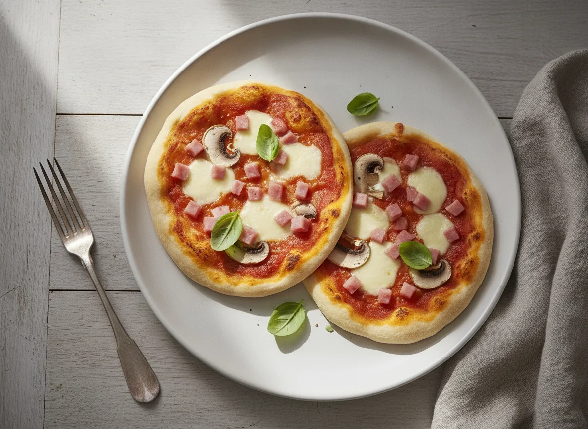 Mini-Pizza mit Schinken und Pilzen photo
