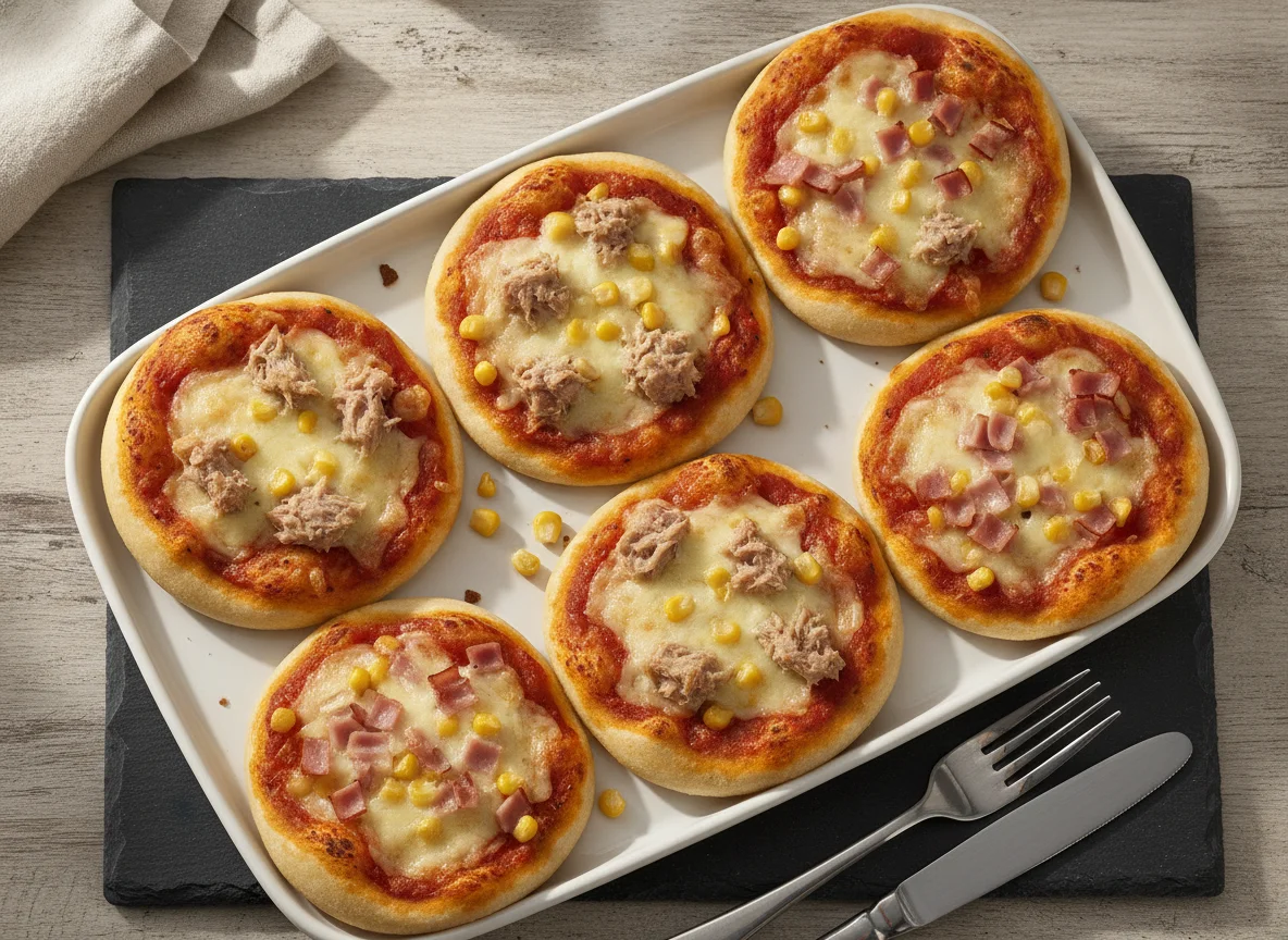 Mini-Pizzen mit Thunfisch, Schinken und Mais photo