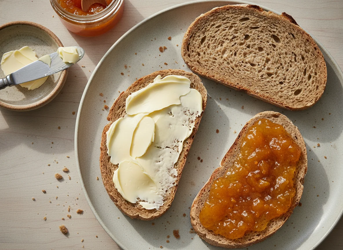 Mischbrot mit Butter und Aprikosenmarmelade photo