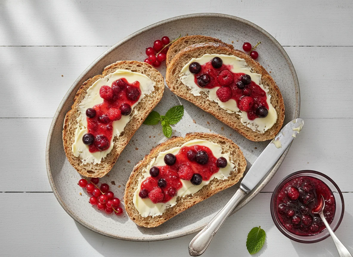 Mischbrot mit Butter und Beerenmarmelade photo