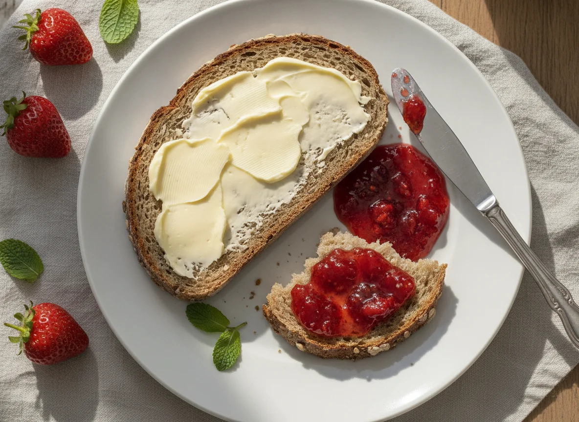 Mischbrot mit Butter und Erdbeerkonfitüre photo
