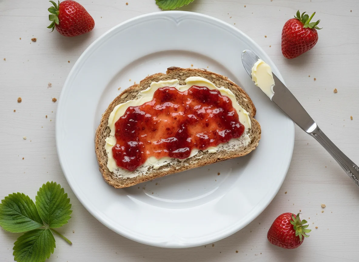 Mischbrot mit Butter und Erdbeermarmelade photo