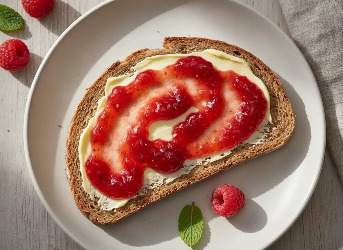 Mischbrot mit Butter und Himbeermarmelade photo