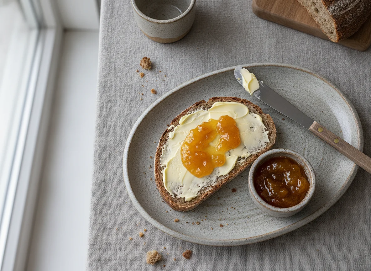 Mischbrot mit Butter und Marillenmarmelade photo