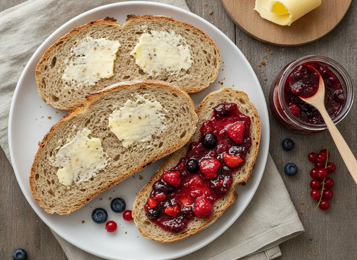 Mischbrot mit Butter und Marmelade photo