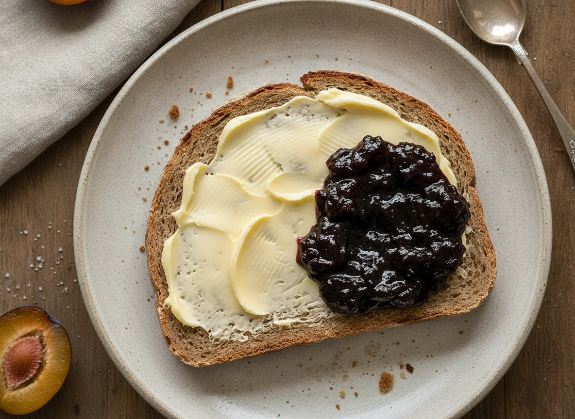 Mischbrot mit Butter und Pflaumenmus photo