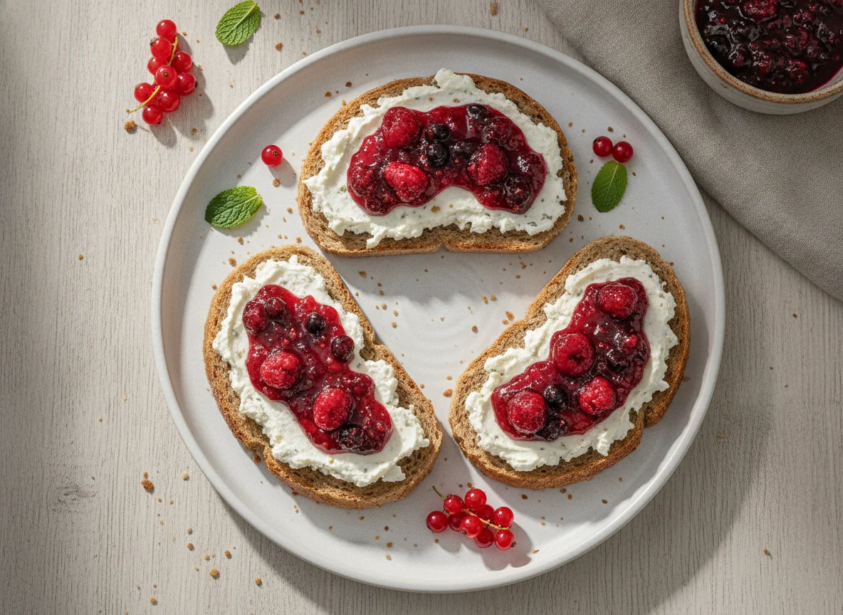 Mischbrot mit Frischkäse und Beerenmarmelade photo