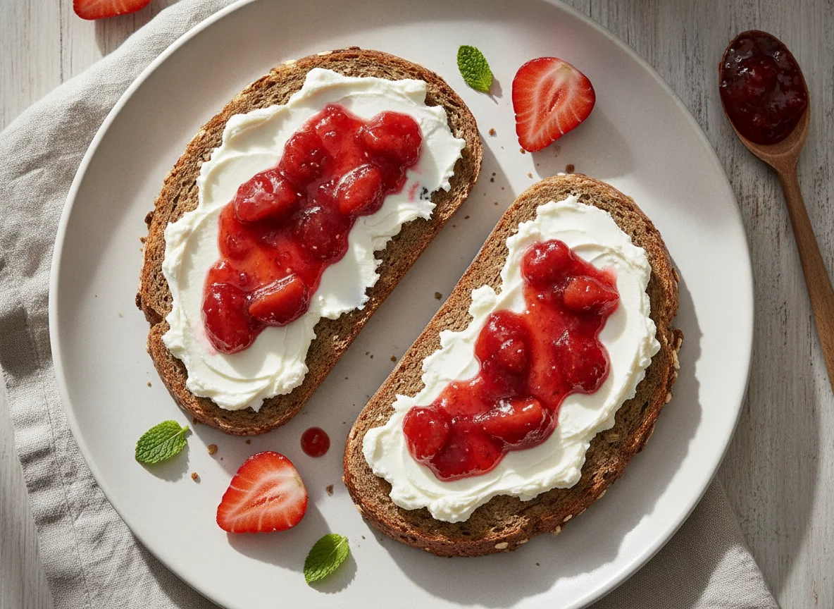 Mischbrot mit Frischkäse und Erdbeermarmelade photo
