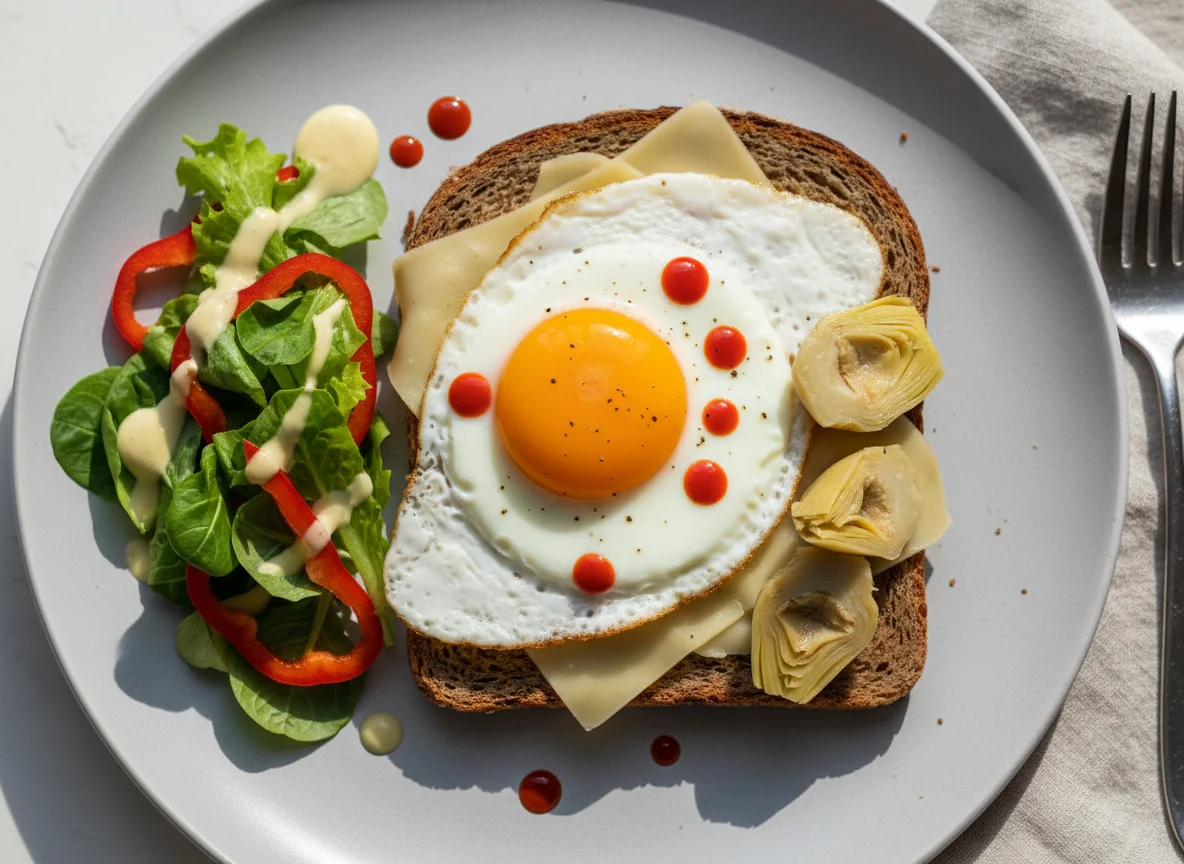 Mischbrot mit Spiegelei, Käse, Artischocken und Salat photo