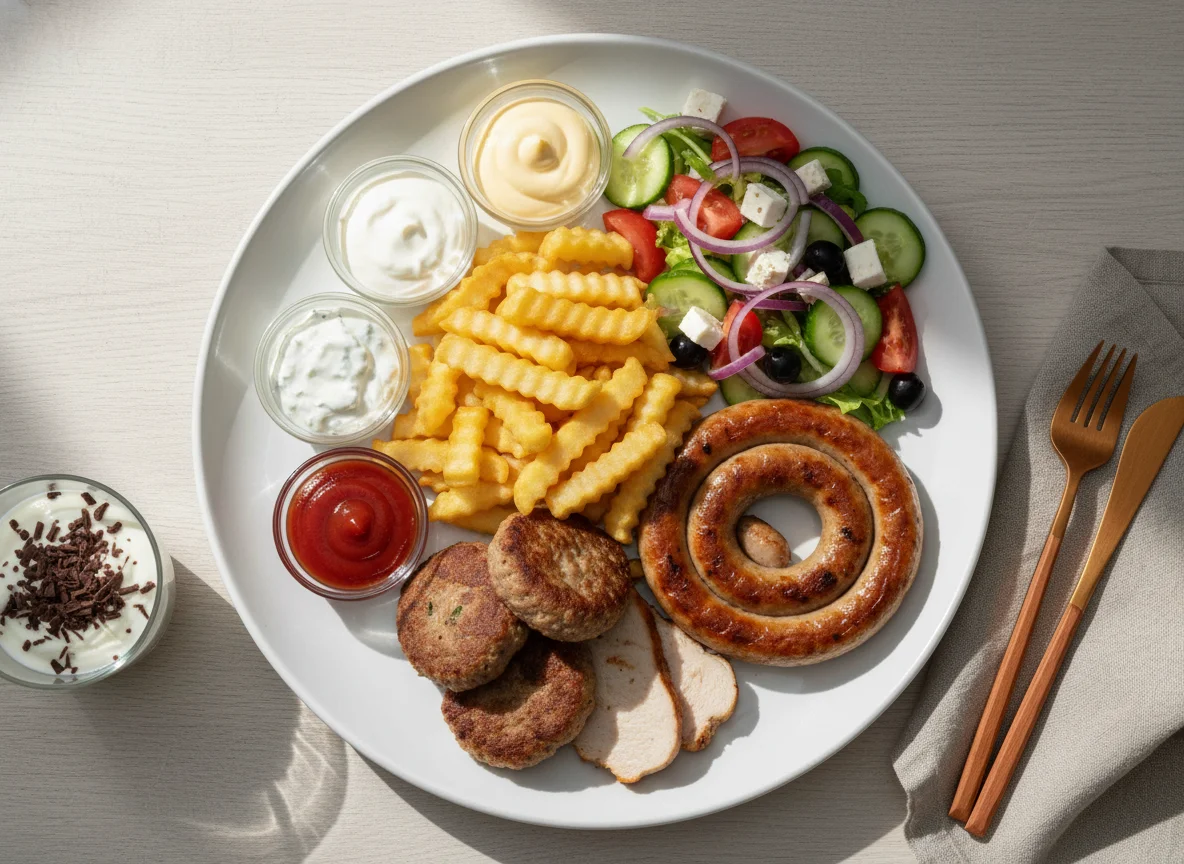 Mischgericht mit Pommes, Fleisch und Salat photo