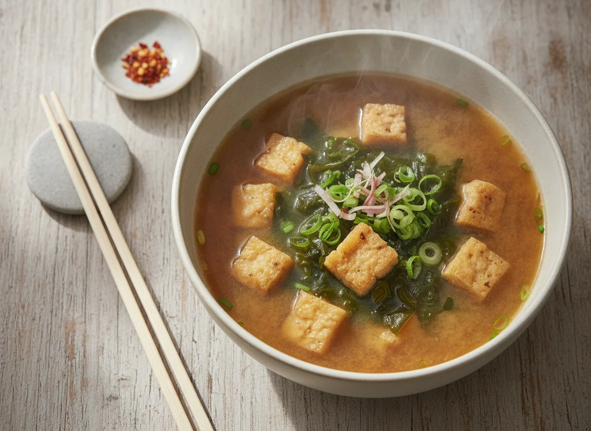 Miso-Suppe mit Tofu und Algen photo
