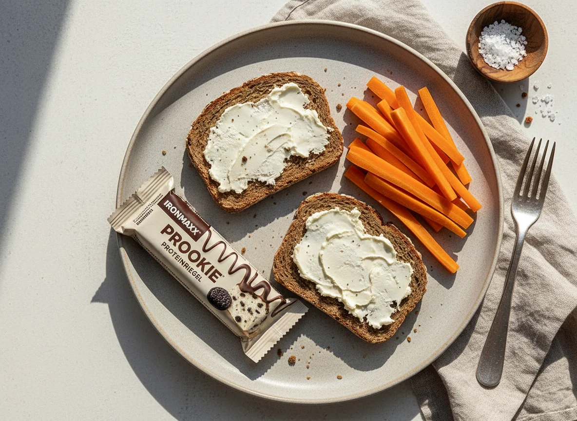 Mittagessen mit Brot, Karotten und Proteinriegel photo