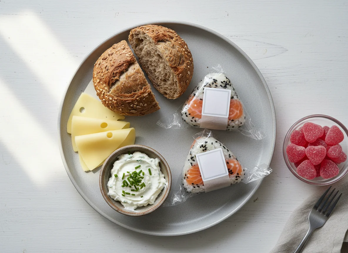Mittagessen mit Brot, Käse, Frischkäse, Onigiri und Gummibärchen photo