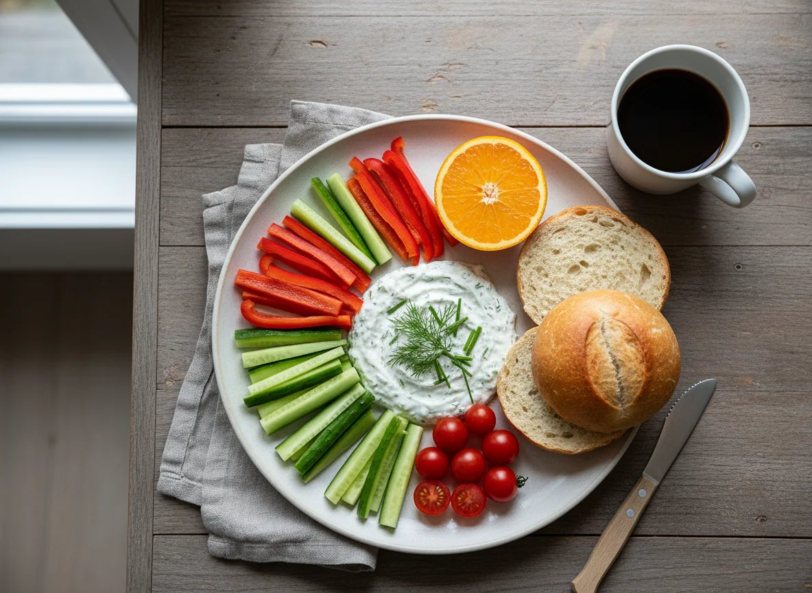 Mittagessen mit Brötchen, Gemüse und Dip photo