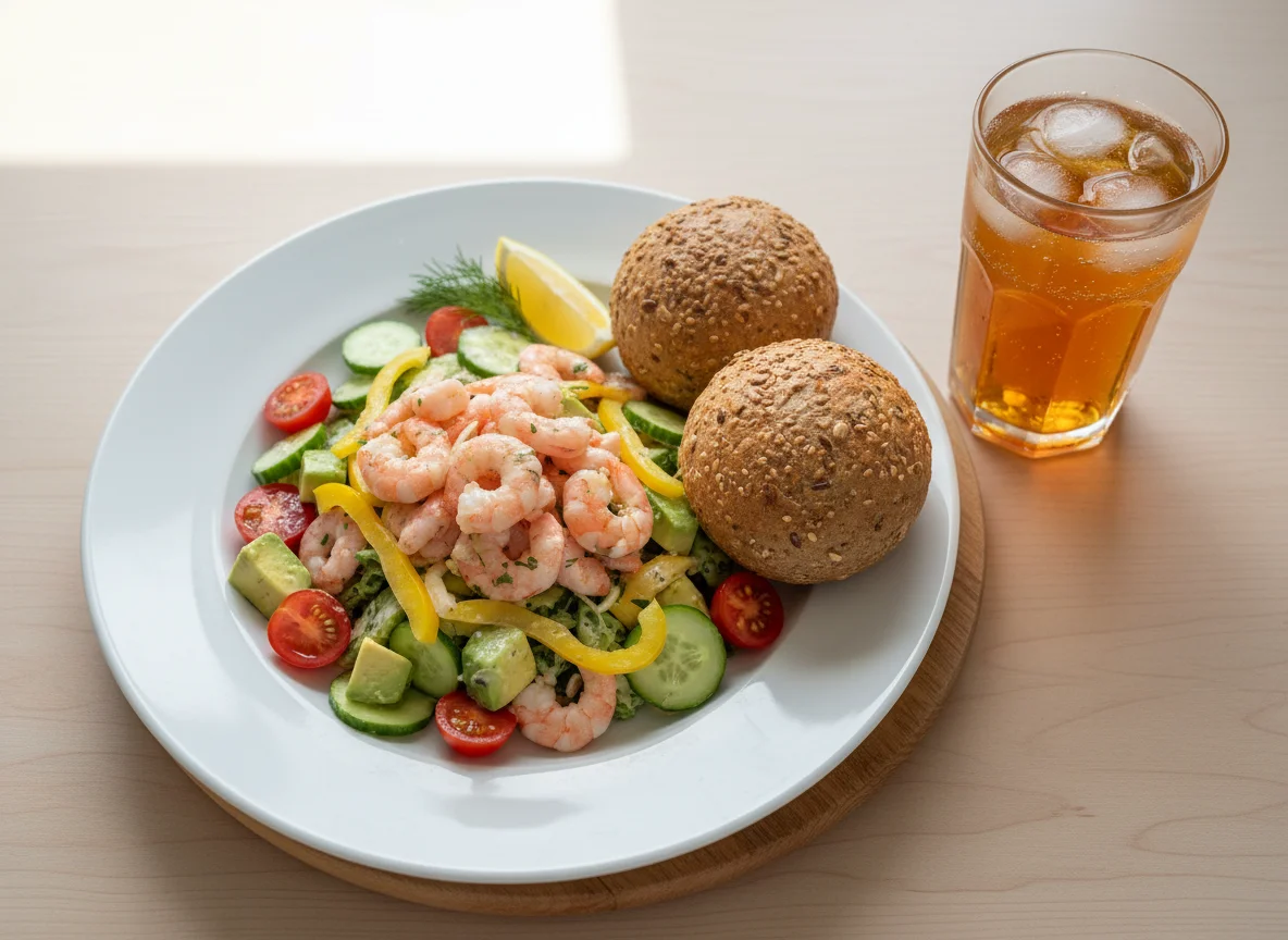 Mittagessen mit Garnelensalat und Brötchen photo