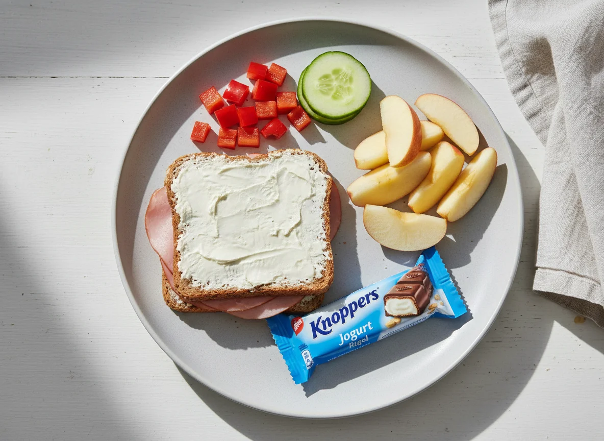Mittagessen mit Sandwich, Obst und Knoppers photo