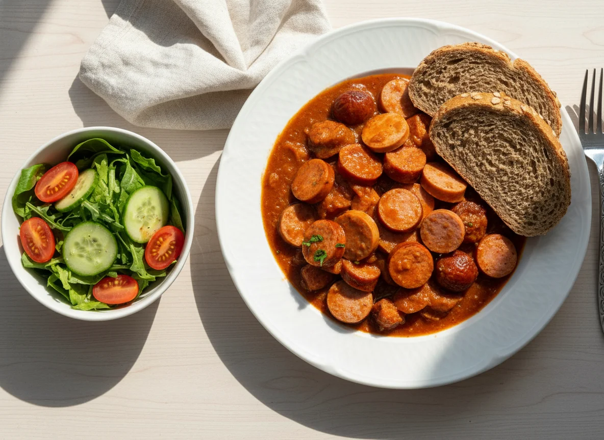 Mittagessen mit Wurstgulasch, Salat und Brot photo