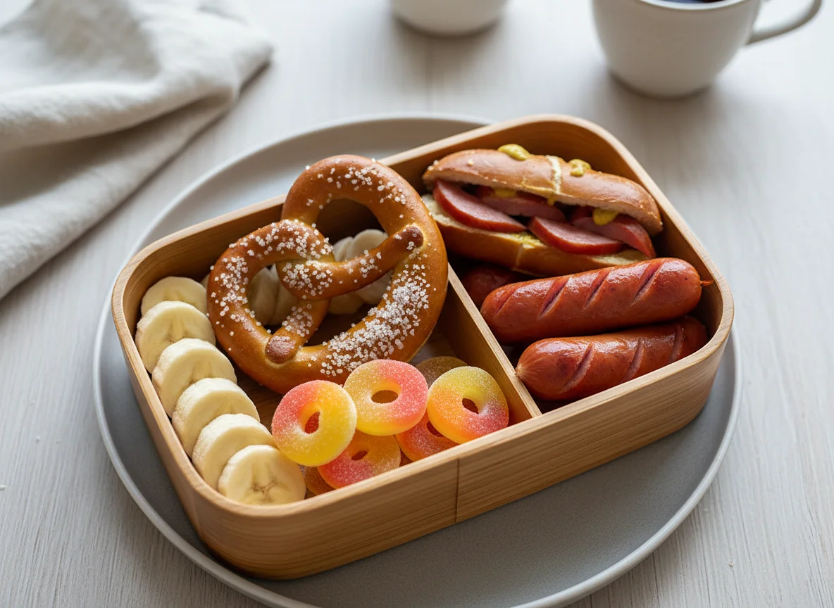 Mittagsbox mit Brezel, Würstchen, Banane und Süßigkeiten photo