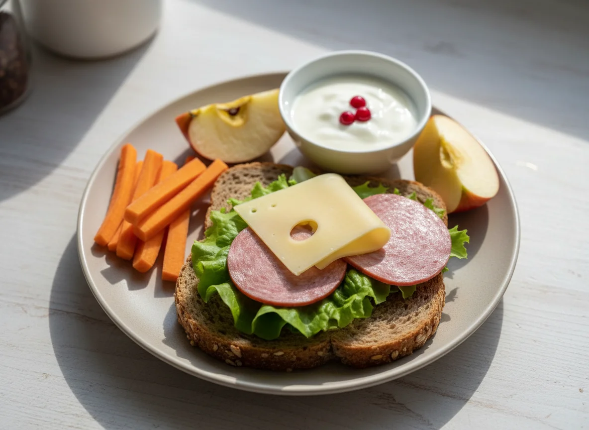 Mittagsbox mit Brot, Apfel und Gemüse photo