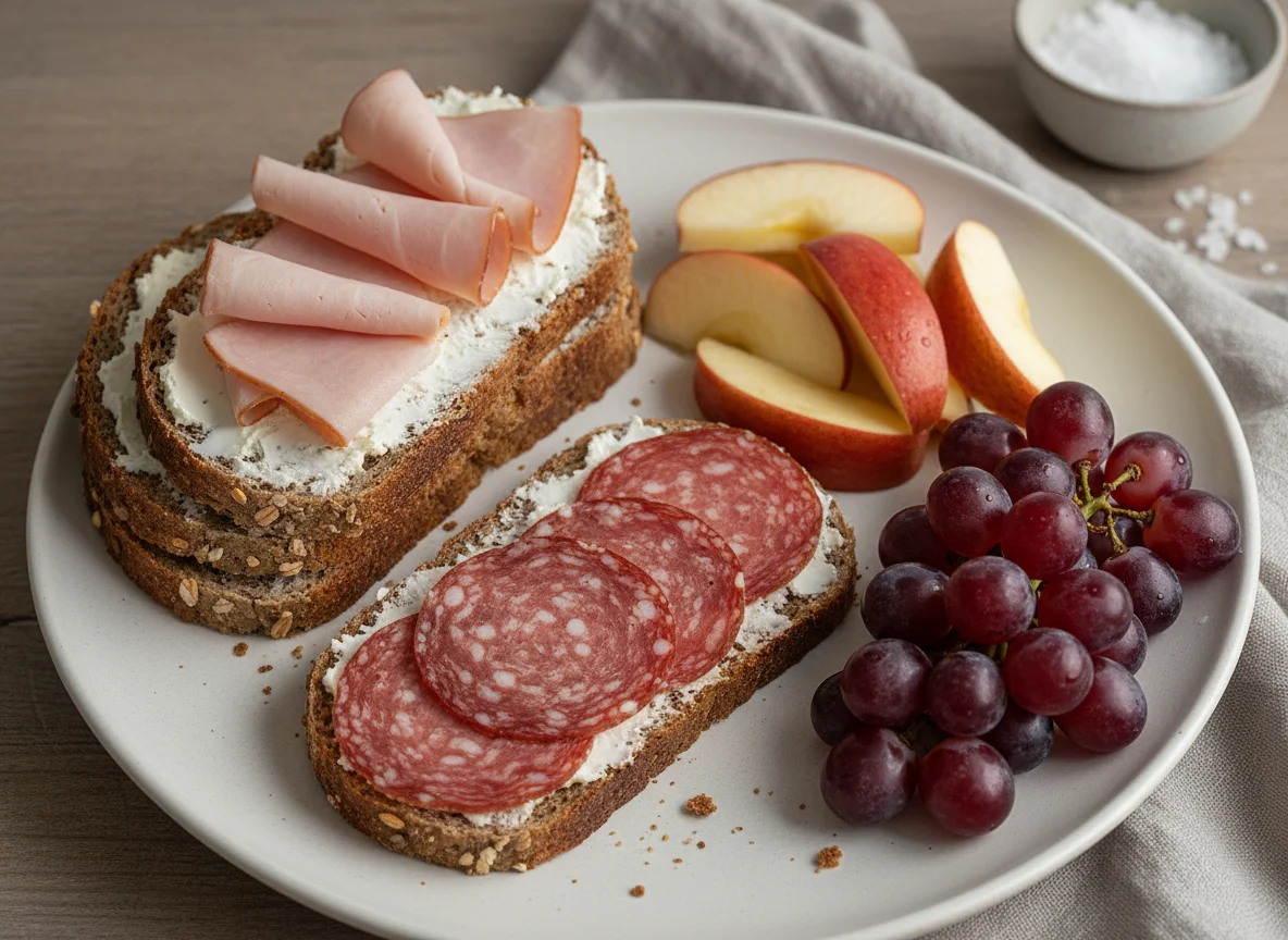 Mittagsbox mit Brot, Apfel und Trauben photo