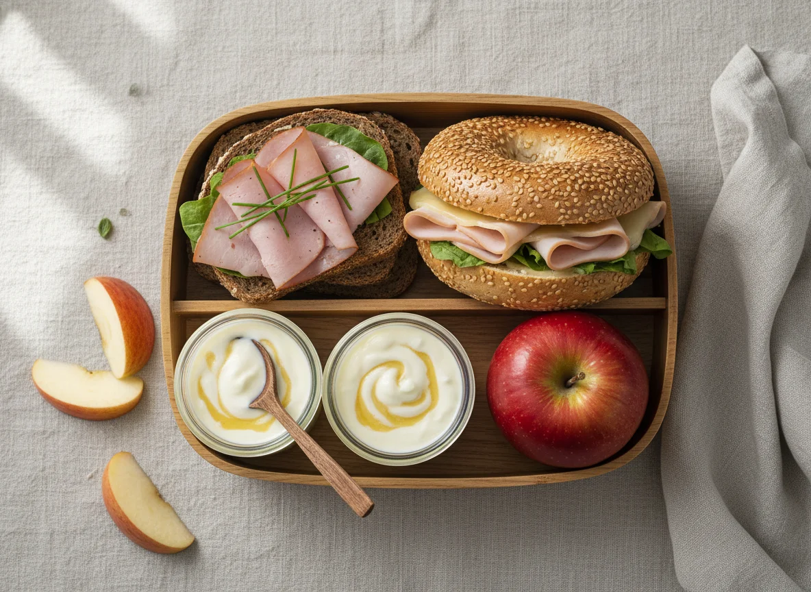Mittagsbox mit Brot, Bagel, Apfel und Joghurt photo