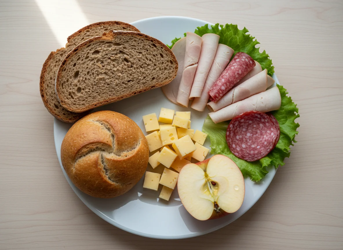 Mittagsbox mit Brot, Brötchen, Apfel, Käse und Wurst photo