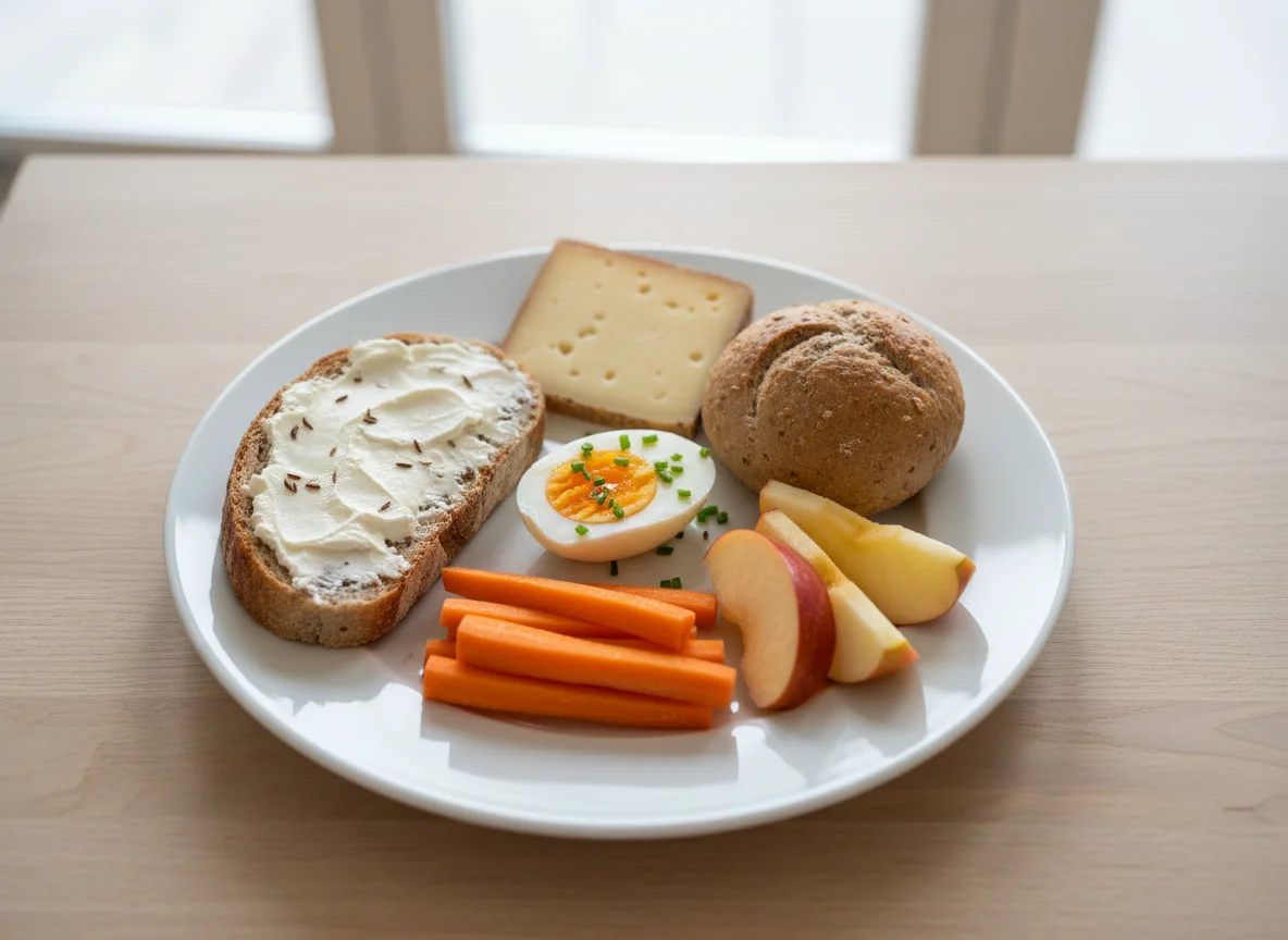 Mittagsbox mit Brot, Ei, Karotten und Apfel photo