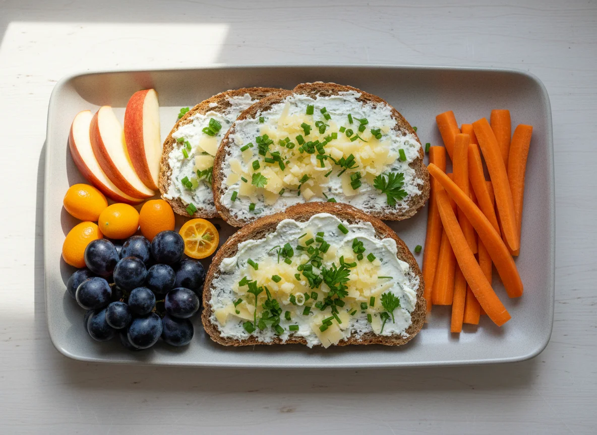 Mittagsbox mit Brot, Karotten und Obst photo