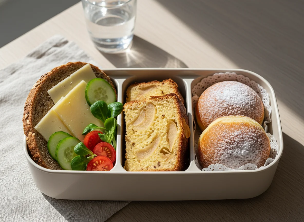 Mittagsbox mit Brot, Kuchen und Gebäck photo