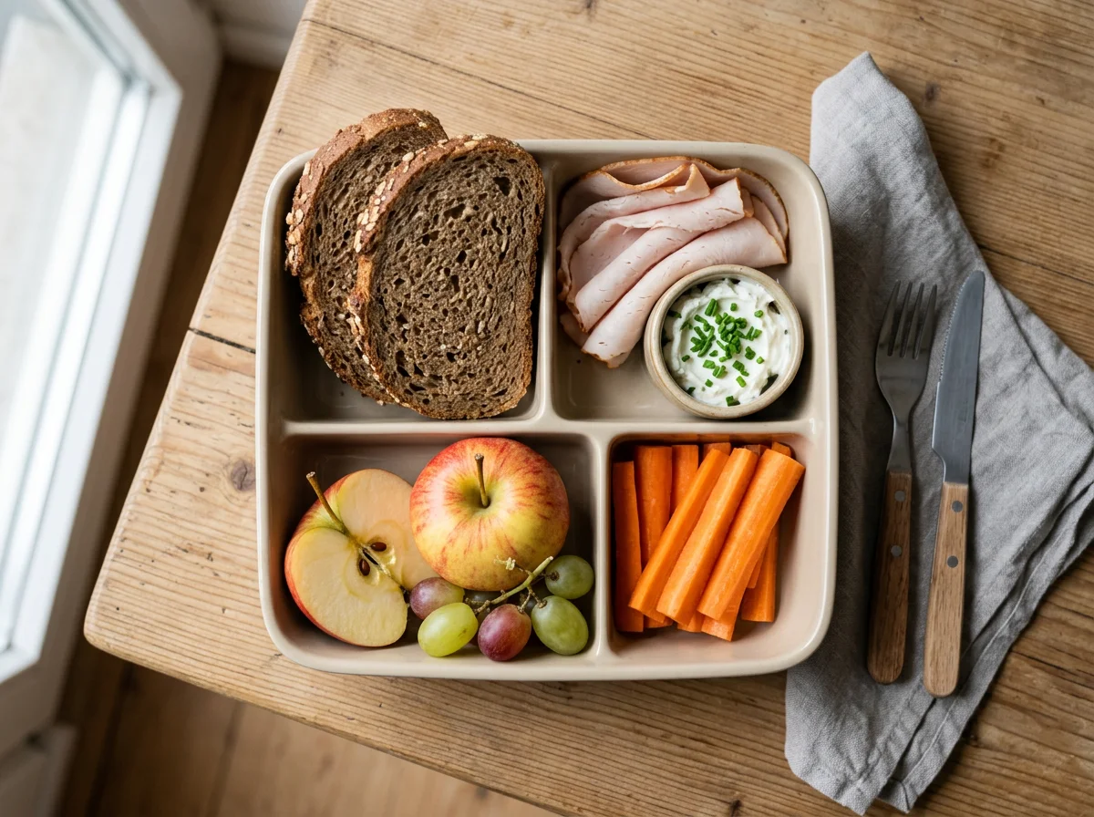 Mittagsbox mit Brot, Obst und Gemüse photo