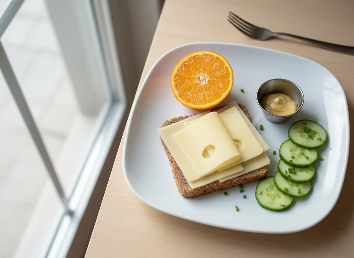 Mittagsbox mit Brot, Orange und Gurke photo