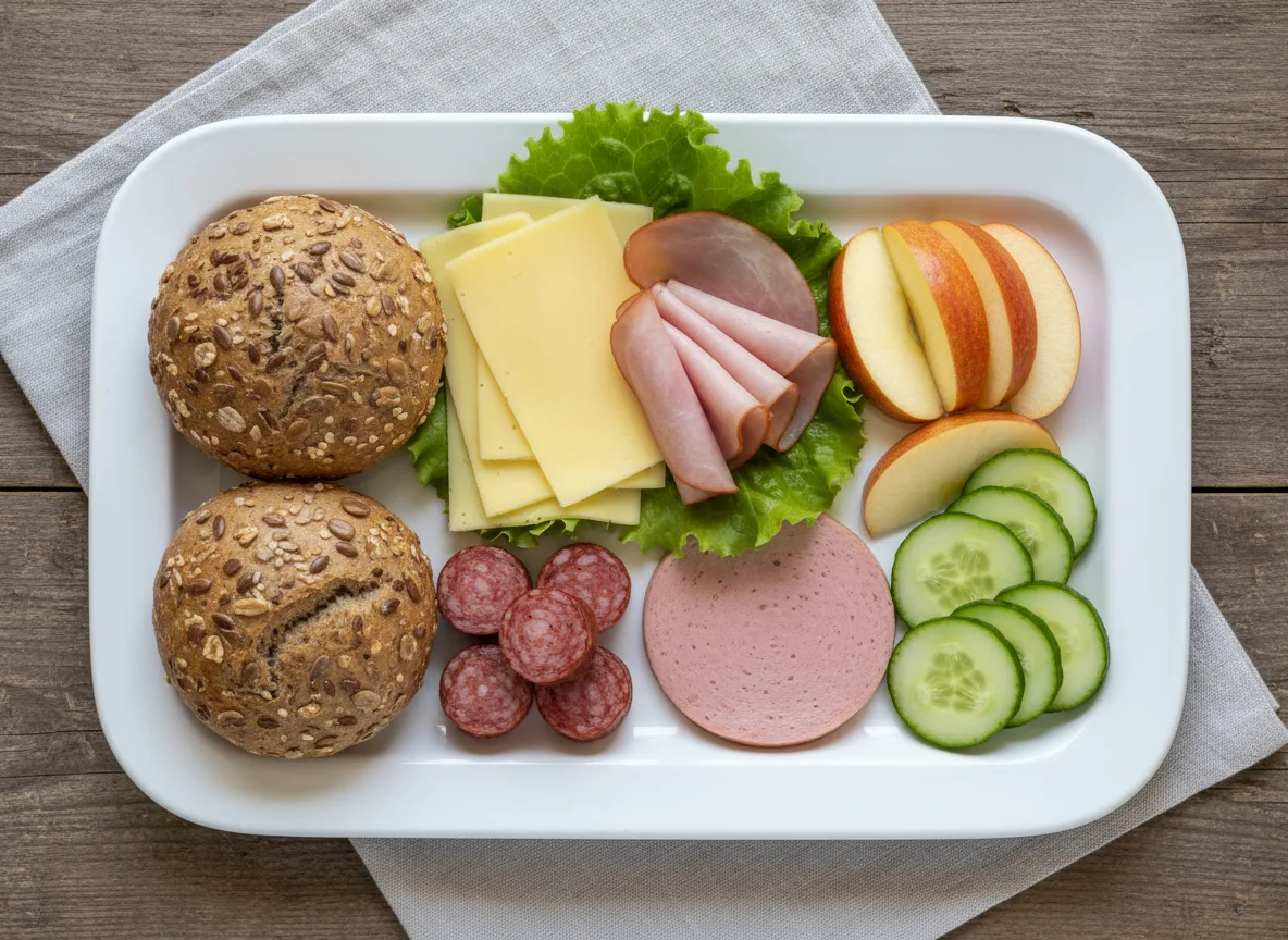 Mittagsbox mit Brot, Wurst, Käse, Apfel und Gurke photo